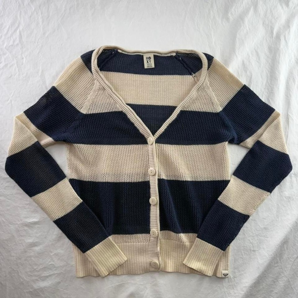 Roxy Open Knit Beige & Blue Cotton Cardigan Women's Sz M Y2k Coastal